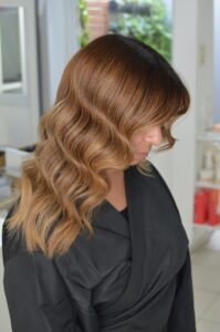 Back view of soft blonde balayage waves
